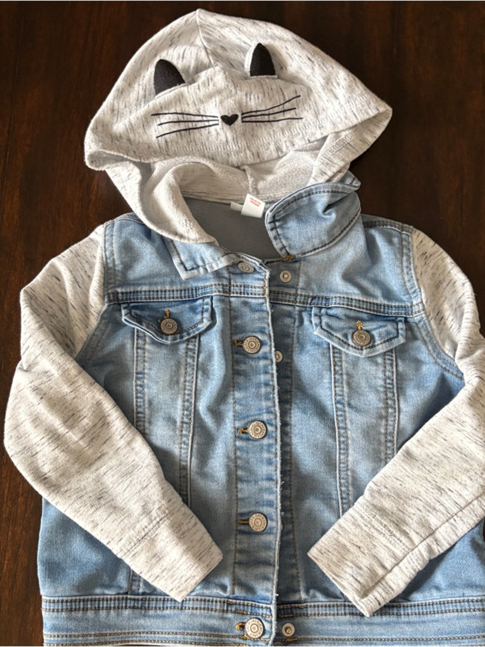 Girls Toddler Denim and Jersey Sleeve Hooded Button Jacket Cat Theme